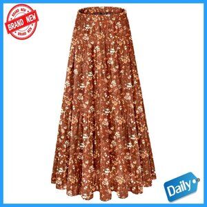 Chiffon Maxi Skirt Elastic Waist Flowy Pleated A-Line Long Fall Boho